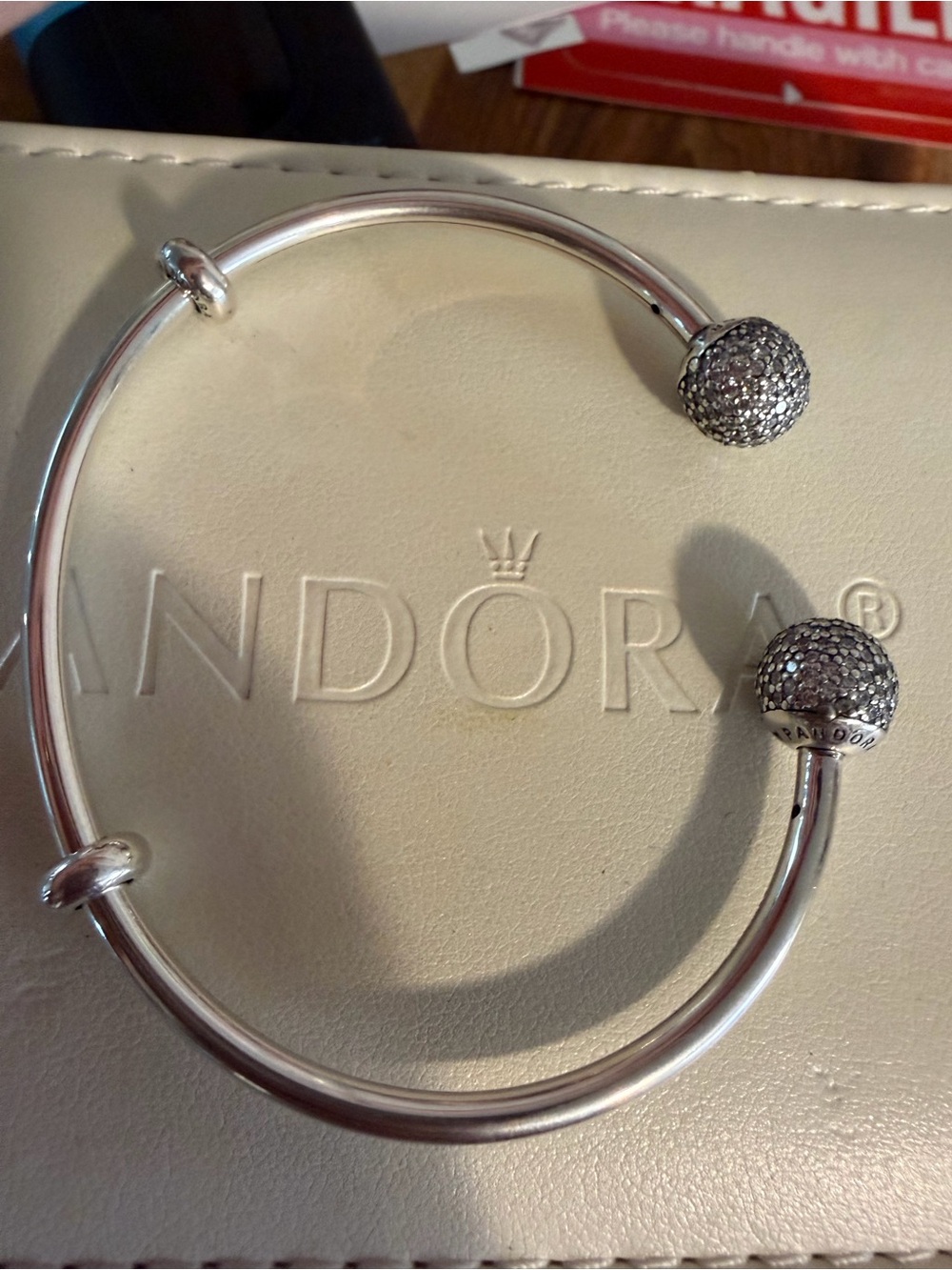 Pandora Silver Open Bangle with Pavé End Caps - Silver